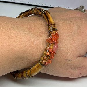 Vintage Bamboo Wire Wrapped Pink Beaded Bangle